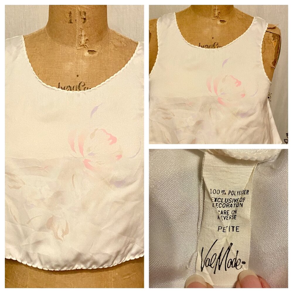 vtg  90s Y2K VAL MODE Floral White Satin Cropped Camisole Tank Top Petite USA